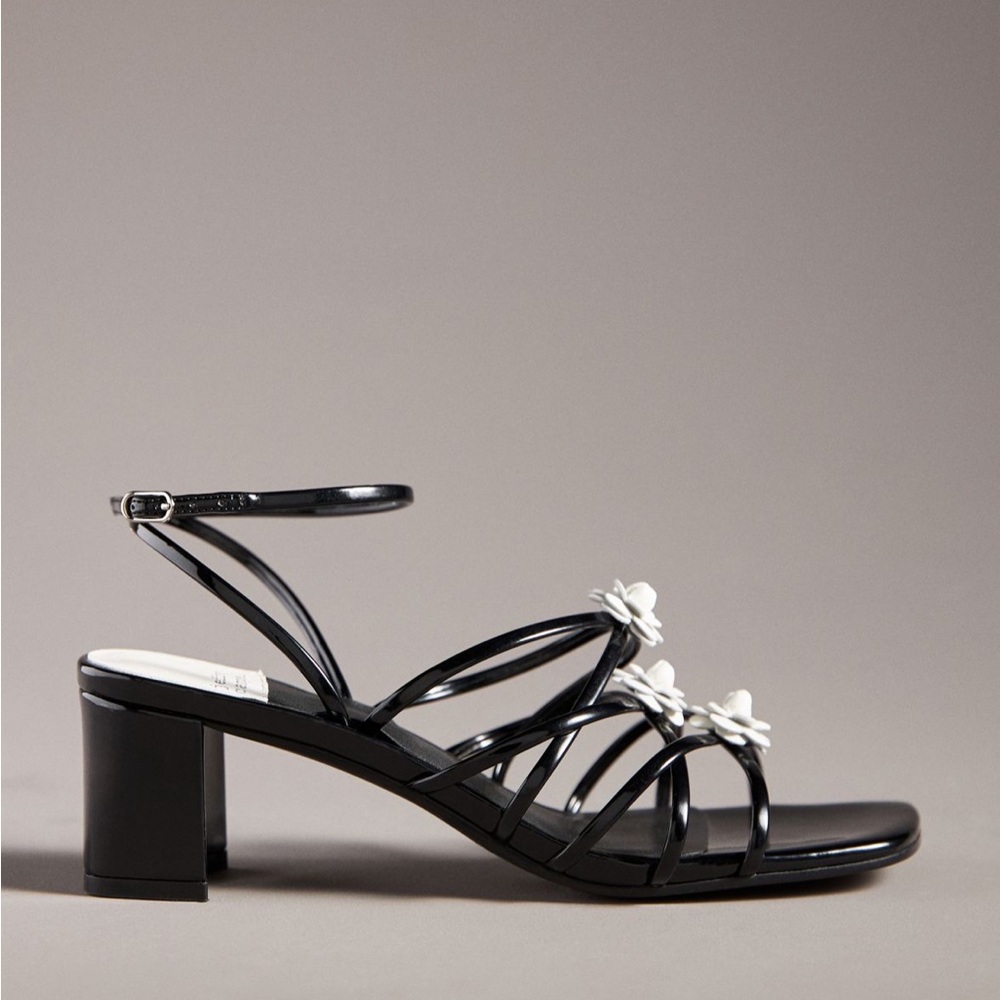 Jeffrey Campbell Sociable Black Strappy Block Heels with White Floral Accents